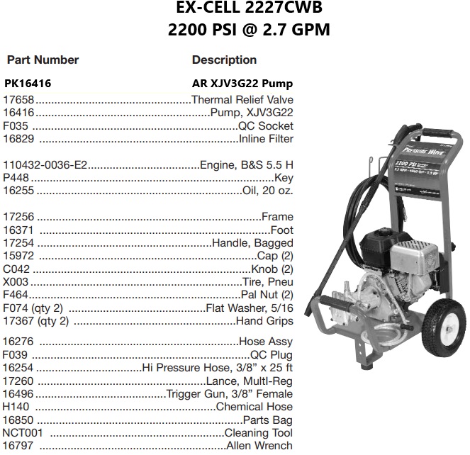 DEVILBISS model 2227CWB power washer parts